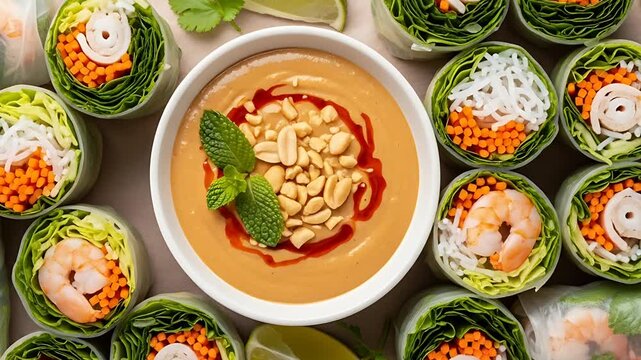Delicious spring rolls with peanut sauce.