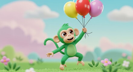 Cartoon monkey with balloons flying in a colorful landscape