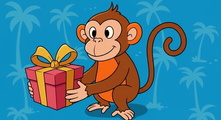 Cartoon monkey with gift box against blue background