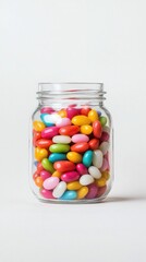 A clear glass jar brimming with colorful oval shaped jelly beans candy