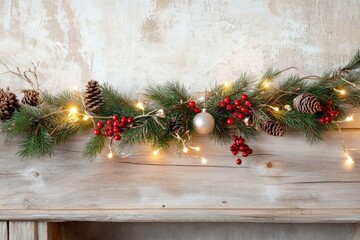 Elegant christmas mantel decor with pinecones, red berries, and warm lighting