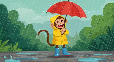 Cheerful monkey in yellow raincoat and blue boots holding red umbrella during rainfall illustration
