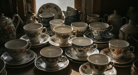 Collection of vintage teacups and saucers displayed on a shelf
