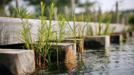 Closeup medium shot of a bioadaptive dock foundation with aquatic plants around focused sharply on the support beams blurred background emphasizing harmonious aquatic ecosystem.