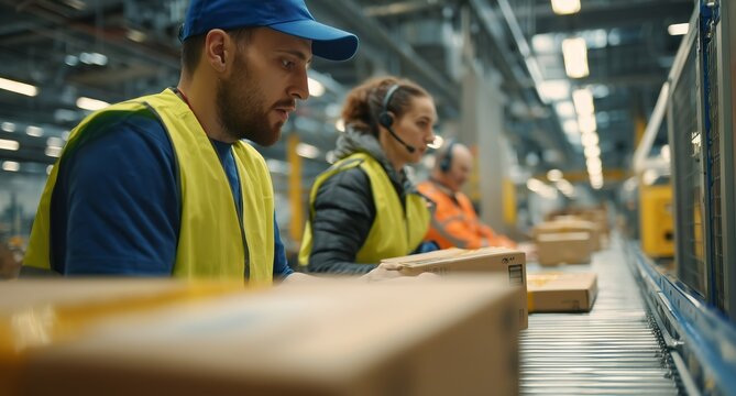 Workers Packing Boxes in Warehouse Environment