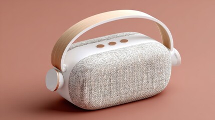 Close up studio shot of a portable speaker featuring a textured fabric front and a leather handle, set against a plain, neutral background.