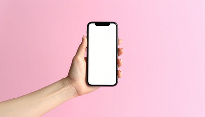 Woman's hand holding a smartphone on a pink background