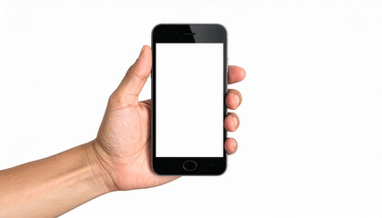 Male hand holding a smartphone on white background