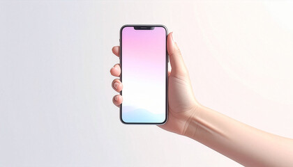 A woman's right hand holding a smartphone on a white background