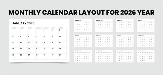 2026 monthly calendar and diary planner layout. Week Starts on Sunday