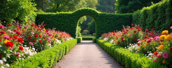 Stunning Symmetrical Floral Arrangement in a Formal Garden Vibrant Blooms and Lush Greenery Create a Show-Stopping Display of Horticultural Excellence.
