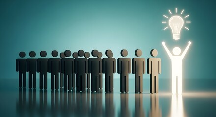 Conceptual 3d rendering of a group of people with one person standing out with an idea isolated on white background