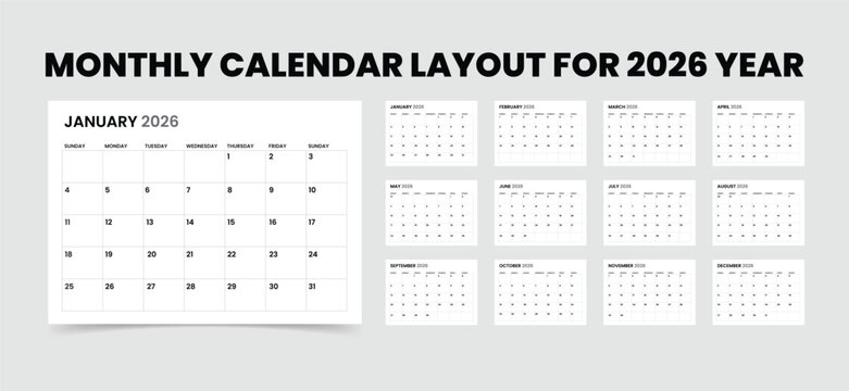 2026 monthly calendar and diary planner layout. Week Starts on Sunday