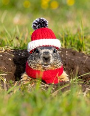 Groundhog wearing a festive red knit hat and scarf peeks from its burrow in a grassy field