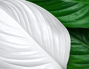 Close-up of two contrasting leaves, one white, one deep green, overlapping