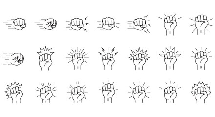 Fototapeta premium Collection of fist icons showing motion and impact, isolated on transparent background
