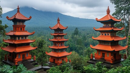 Three red pagodas against a backdrop of green forests and mountains is useful for materials on culture, architecture, religion, and tourism in Asia.
