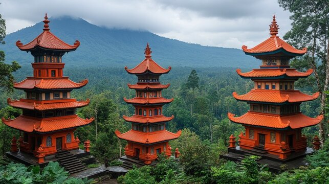 Three red pagodas against a backdrop of green forests and mountains is useful for materials on culture, architecture, religion, and tourism in Asia.