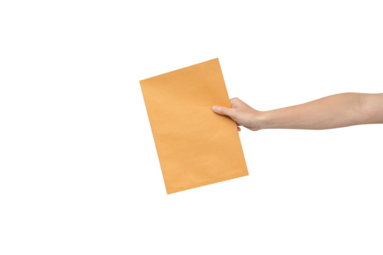 A clean, high-resolution studio shot of a hand extending and holding a large, blank brown manila envelope or document against a pure white background. The simple, isolated composition allows for excel
