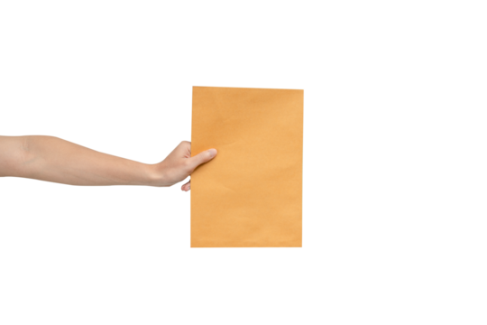 A clean, high-resolution studio shot of a hand extending and holding a large, blank brown manila envelope or document against a pure white background. The simple, isolated composition allows for excel