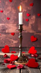 Romantic candle in a brass candlestick surrounded by red hearts