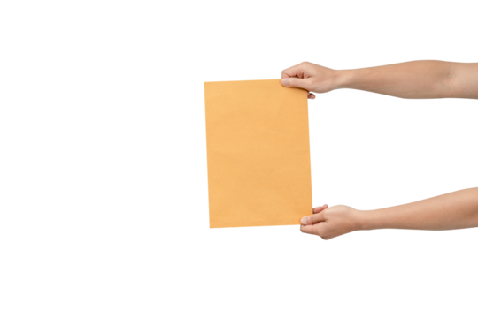 A clean, high-resolution studio shot of a hand extending and holding a large, blank brown manila envelope or document against a pure white background. The simple, isolated composition allows for excel