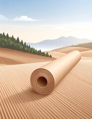 A roll of light beige cardboard rests on a corrugated surface, amidst a landscape of hills and trees