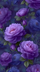 Fototapeta premium Romantic Backdrop of Elegant Purple Roses and Buds with Delicate Green Leaves in Deep Blue