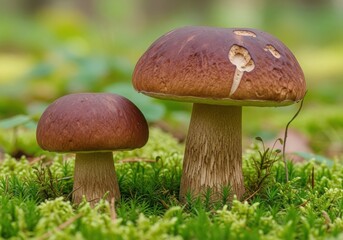 Two rich brown mushrooms grow tall amidst vibrant green mossy forest floor