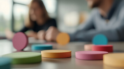 Creative team brainstorms ideas using colorful discs in a collaborative session. Focused on problem-solving and strategic planning.