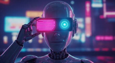Robot wears virtual reality headset in neon city.