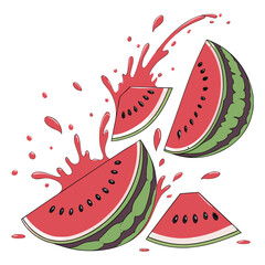 Fresh Watermelon Slices Splashing with Juice Isolated on Transparent Background.
