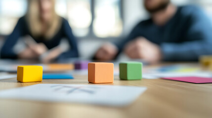 Collaboration in progress using blocks of color. Brainstorming ideas. Yellow, orange, and green blocks. Strategy at work. Team meeting in the office.