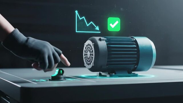 Digital Transformation - IoT Predictive Maintenance: Motor vibration trend smooths to flat; a wrench icon dissolves into a mint check as status toggles to normal.