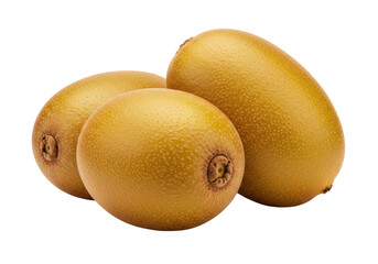 Isolated SunGold kiwifruit or golden kiwi fruits, three whole Actinidia chinensis close-up