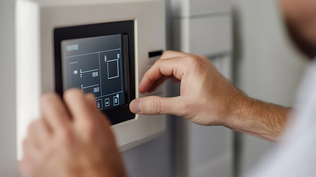 Operating a smart appliance touchscreen. Finger presses a button on the interface, adjusting settings. Streamlined kitchen tech, modern home convenience.