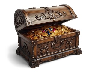 Ornate wooden treasure chest overflowing with gold coins and jewels