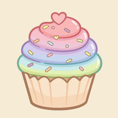 Cute Pastel Color Cupcake Topped with Heart Icon Delicious Dessert