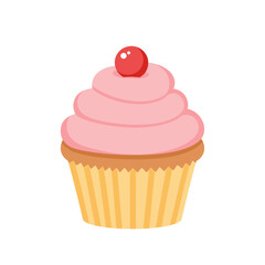 Simple Flat Style Sweet Cupcake with Pink Frosting and Cherry Dessert