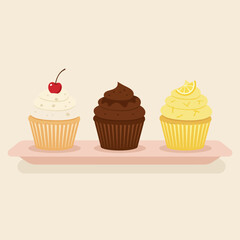 Simple Flat Style Three Delicious Cupcakes with Cream Topping Confectionery