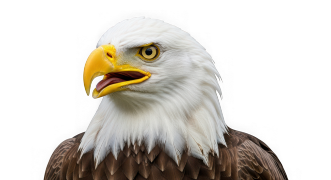 Closeup portrait of a bald eagle with its beak open, showing intense eyes and sharp detail, isolated on transparent background