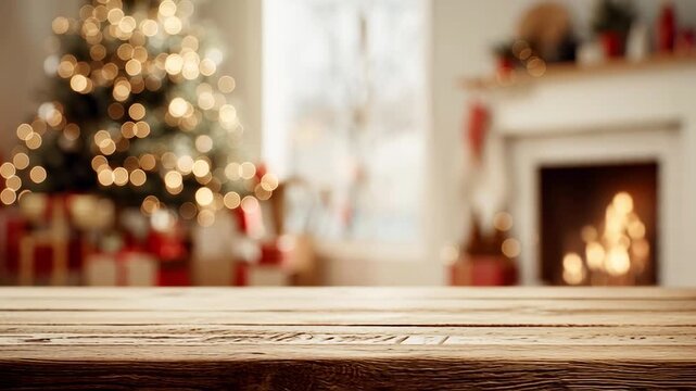 An empty table in front of a Christmas tree with garlands and a fireplace with a fire against a blurred background. This is a template for product display, with space for advertising, text, and brandi