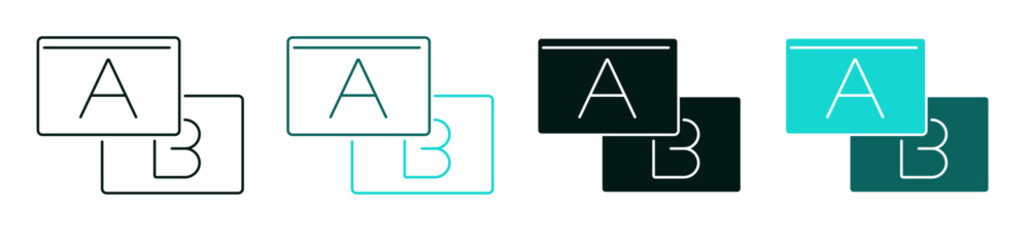 AB testing icon set. Social media, marketing or business concept. Line, solid color or black symbol for web and UI. Editable vector stroke illustration. Perfect for apps and digital platforms.