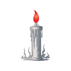A burning candle with dripping wax and a bright flame, symbolizing light and warmth