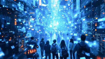 A group of people walk into a futuristic city of data and glowing information - Powered by Adobe