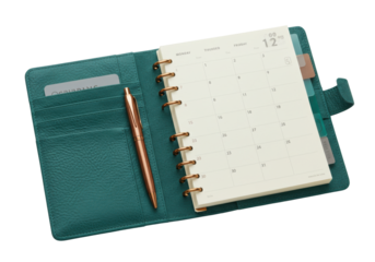Isolated spiral-bound personal organizer with a pen, open on a calendar page, showing December date