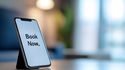 Mobile device displaying "Book Now,". Ideal for travel, service, or appointment promotion. Sleek design, modern technology, immediate action call.