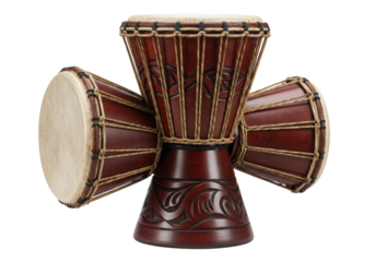 Isolated set of three djembe drums displayed, ethnic percussion musical instrument