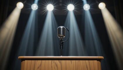 Vintage microphone awaits on a wooden podium under dramatic spotlights, ready for your powerful presentation or performance.