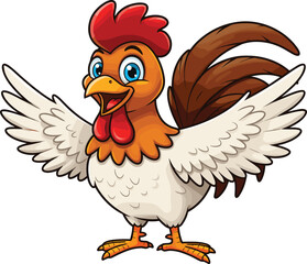 Cheerful Cartoon Rooster with Red Comb, Blue Eyes, White Feathers, Farm Animal Character for Kids, Educational, and Seasonal Use